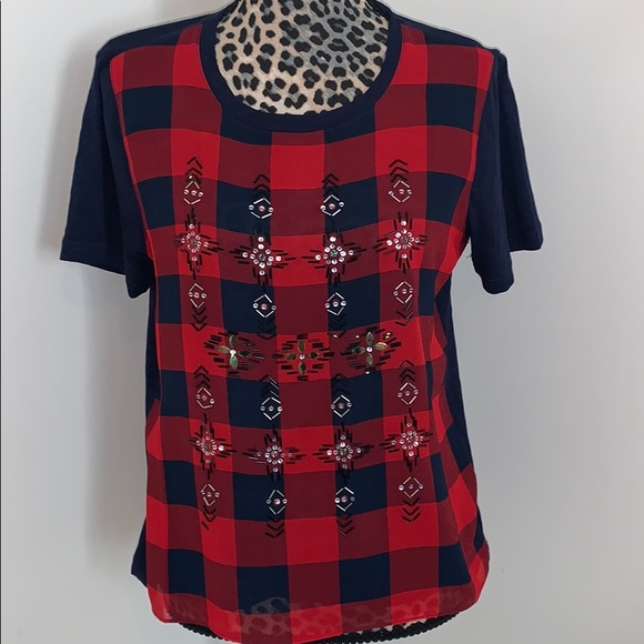 J. Crew Checker/Tartan Dressy Tee Shirt.  Sz M. EUC. Beads/Jewels on front. - Picture 5 of 7